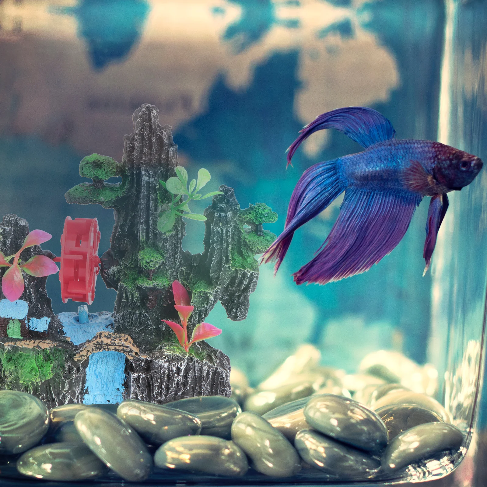 

Water Wheel Windmill Fake Mountain For Aquarium Fish Tank Decor Durable Non-Fading Landscape Rockery, Realistic Rotating Feature