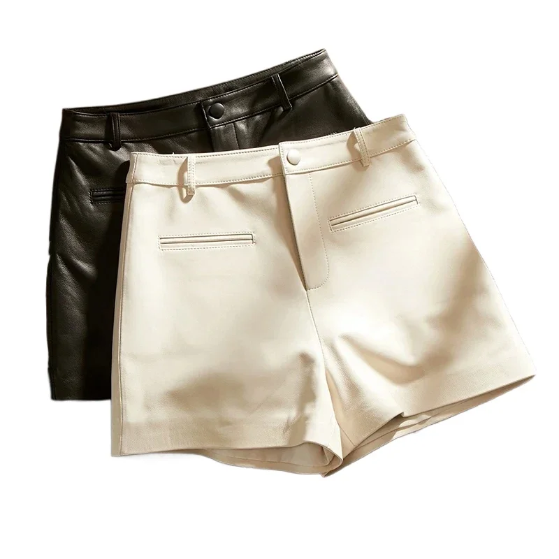 Genuine Sheepskin Leather Shorts for Women 2024 Korean Fashion Wide Leg Short Pants Women High Waist White Short ropa de mujer
