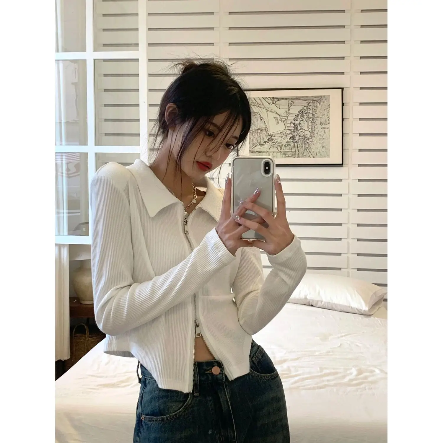 

Elegant Slim Fit Neck T-Shirt Women's Fashion Design Unique Style Autumn New Arrival Commute Style Pure Color Zipper Detail