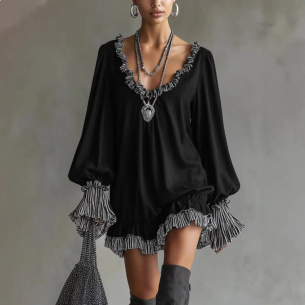 Short Princess Style Dress Dresses Elegant Slim Fit Ruffle Trim Black Vintage Spring Summer