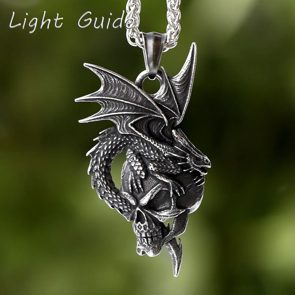 New 3D Dragon And Skull Pendant Necklace Metal Pearl Chain Jewelry Man Women Couple Gift Punk Rock Animal Accessories