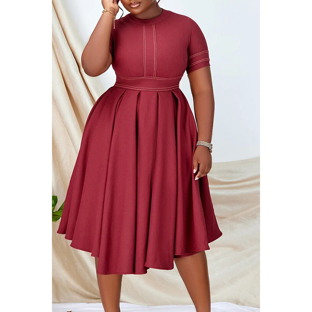 Plus Size Wine Red Casual High Waist Pleated Round Neck Midi Dresses