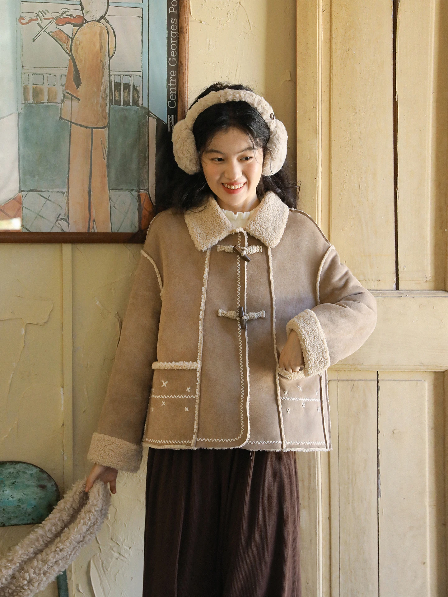 네소룸 핸드메이드 자수 숏 코트 여성용 겨울 빈티지 루즈 출퇴근용 탑 퍼 가죽 일체형 여성 아우터웨어