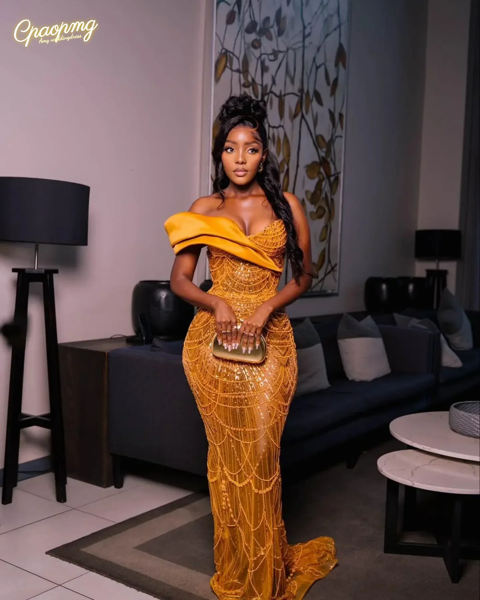 Aangepaste Plus Size Uit De Schouder Afrikaanse Zeemeermin Avondjurken Kralen Cocktailjurken Feestjurken Vrouwen robes de soirée