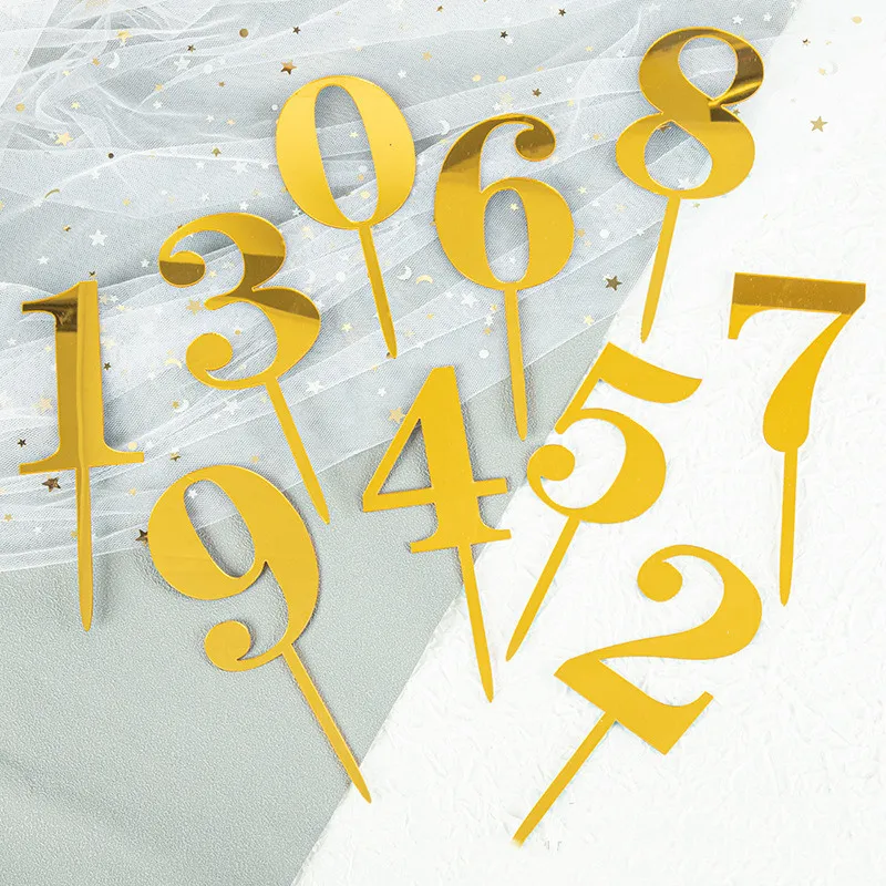 New 0-9 Number Happy Birthday Cake Topper Golden Acrylic Wedding Cake Topper Adorn For Kids Birthday Party Holiday Cake Supplies view 2