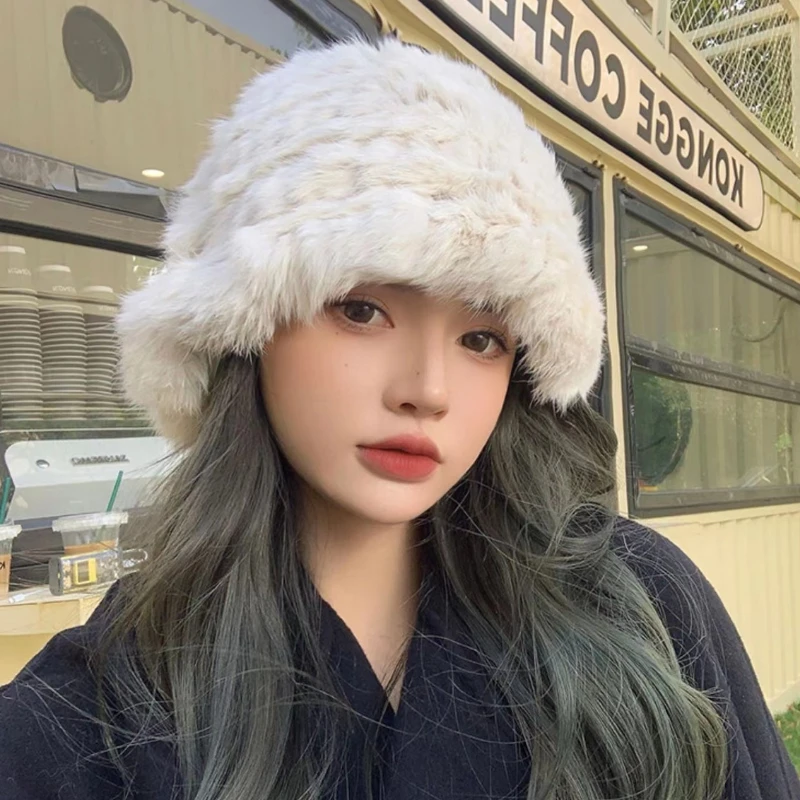 

Fashion New Rabbit Hair Plush Fisherman Hat Women Autumn Winter Keep Warm Ear Soft Show Facesmall Foldable Knitted Basin Cap Men