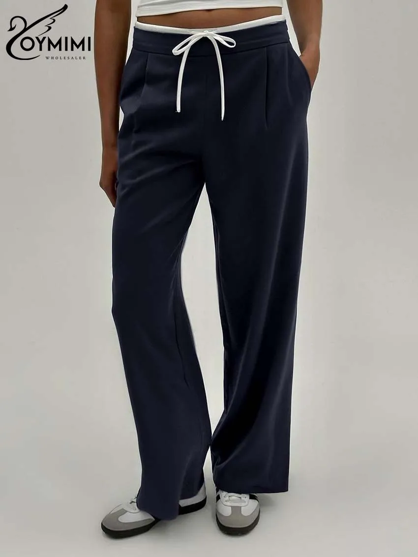 Oymimi-Pantalon bleu marine pour femme, mode décontractée, proximité wstring, droit, fjautomne, élégant, patchwork, poches, streetwear