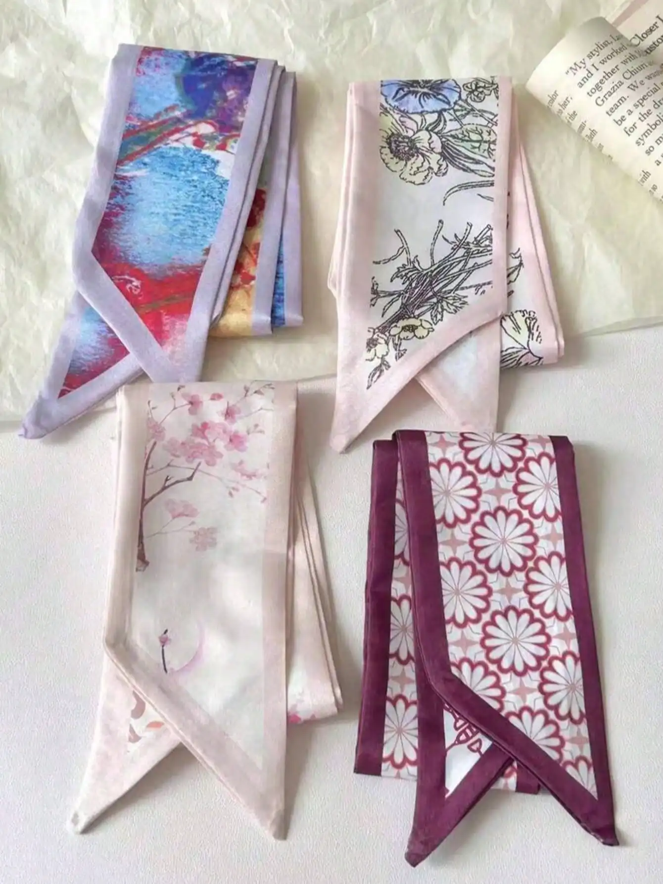 

4pcs Set Floral Print Chiffon Scarf Headband For Women, Elegant 90x6cm Soft Aesthetic Hair Accessory