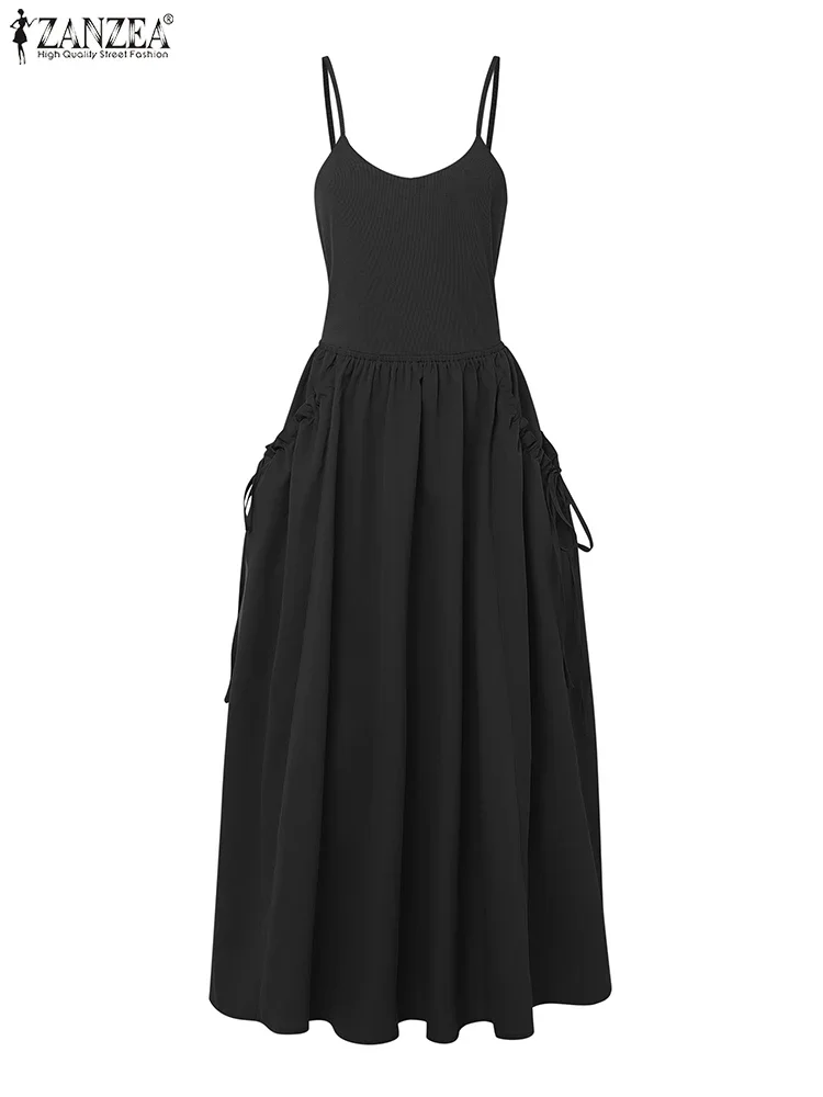 

ZANZEA Streetwear Street Fashion Camisole Robes Femme 2025 Summer Womens V-Neck Ribbed Patchwork Midi Dresses A-Line Sundress