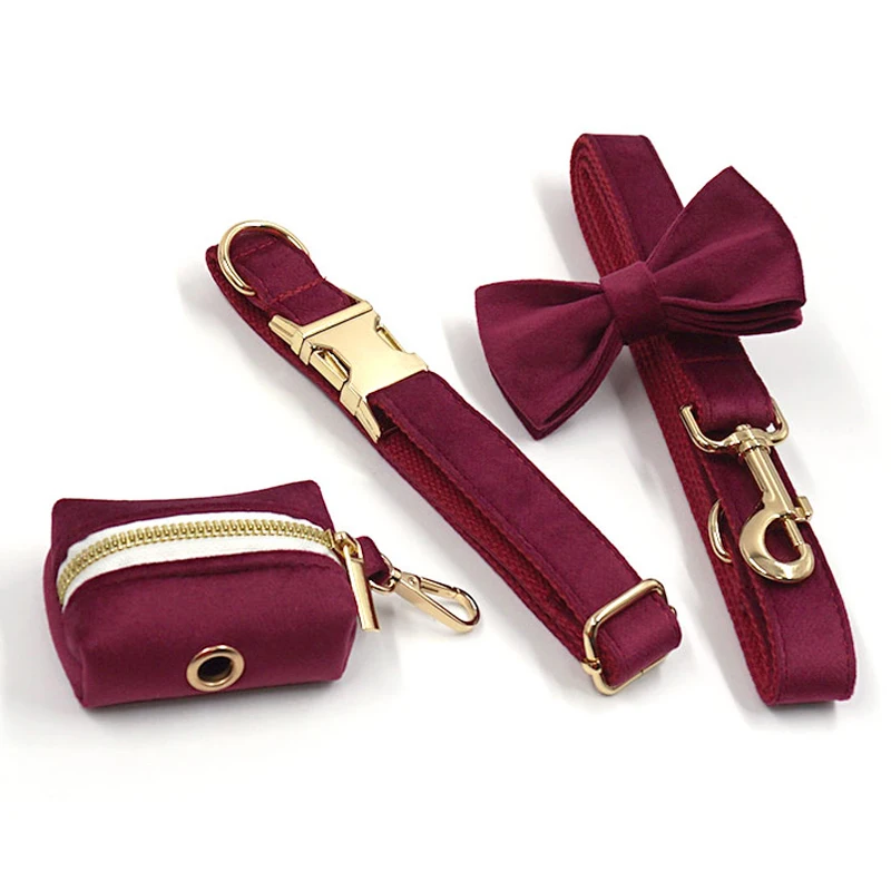 Burgundy Velvet Dog Collar Personalized Thicken Metal Buckle Pet Harness Bow Tie Collar Leash Set with Poop Bag Luxury Dog Gift