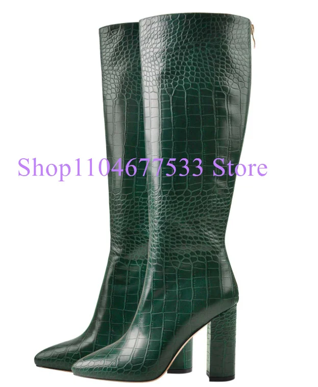 

Зеленый цвет, женские высокие сапоги из змеиной кожи с принтом, женские сапоги до колена с острым носком на массивном каблуке, банкетная обувь большого размера