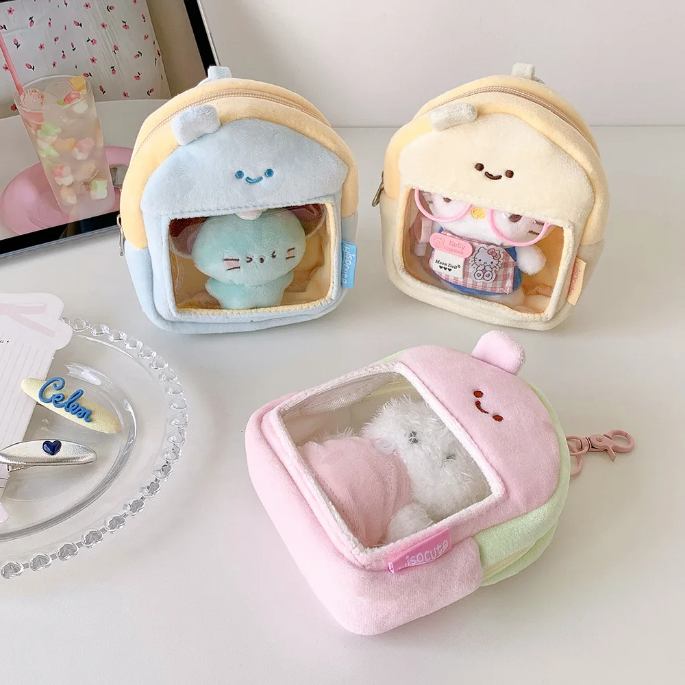 Fashion Plush Clear Window Pouch Smiley Face Mini Bag Charm with Hook Cute Photocard Holder Keychain Accessory Daily