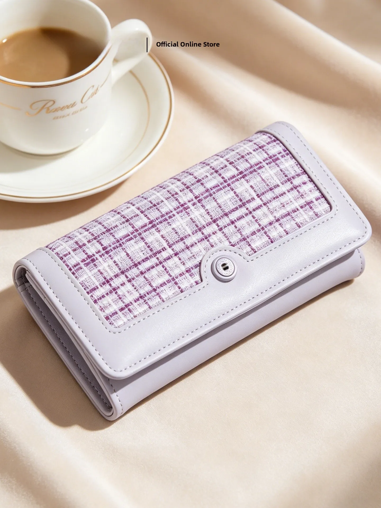 carteira-feminina-longa-multifuncional-bolsa-integrada-para-moedas-e-cartoes-design-xadrez-roxo-varios-compartimentos-para