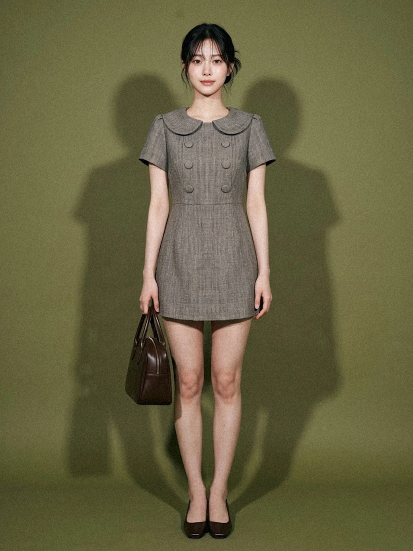 Gray Doll Collar Double Breasted College Style Summer New Dress Slimming A-Line Skirt Short Sleeve Sweet Style Women's Dress