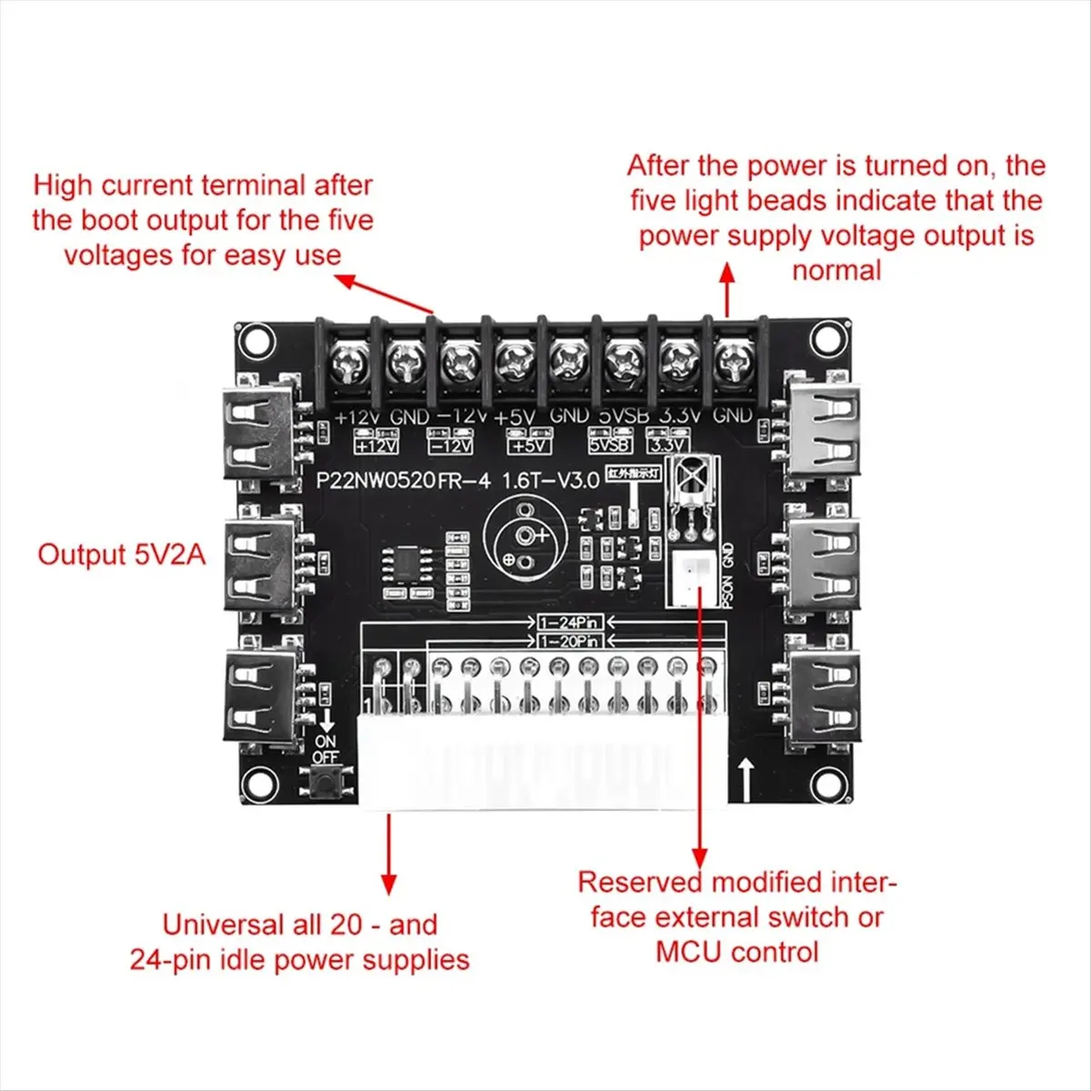 (DT37) 24 Pin/20Pin ATX Power Supply Breakout Board Module Adapter Power Connector Support 12V -12V 5V 5VSB 3.3V with Case