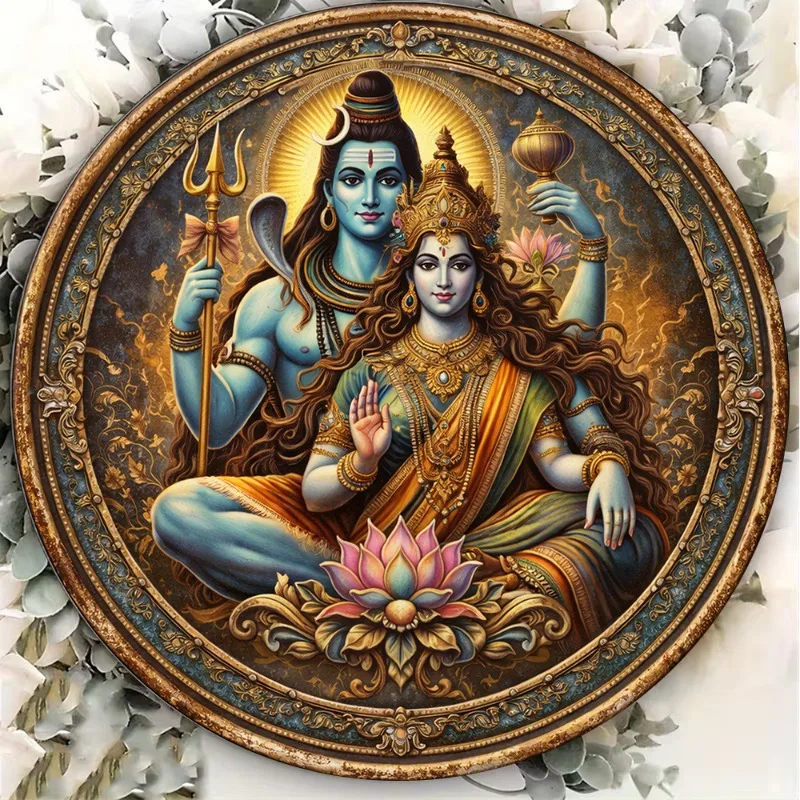 2D Flat Shiva Parvati Hindu God Wall Aluminum Sign, Vintage Round Aluminum Sign Suitable for Living Room Decor, Deity Decoration