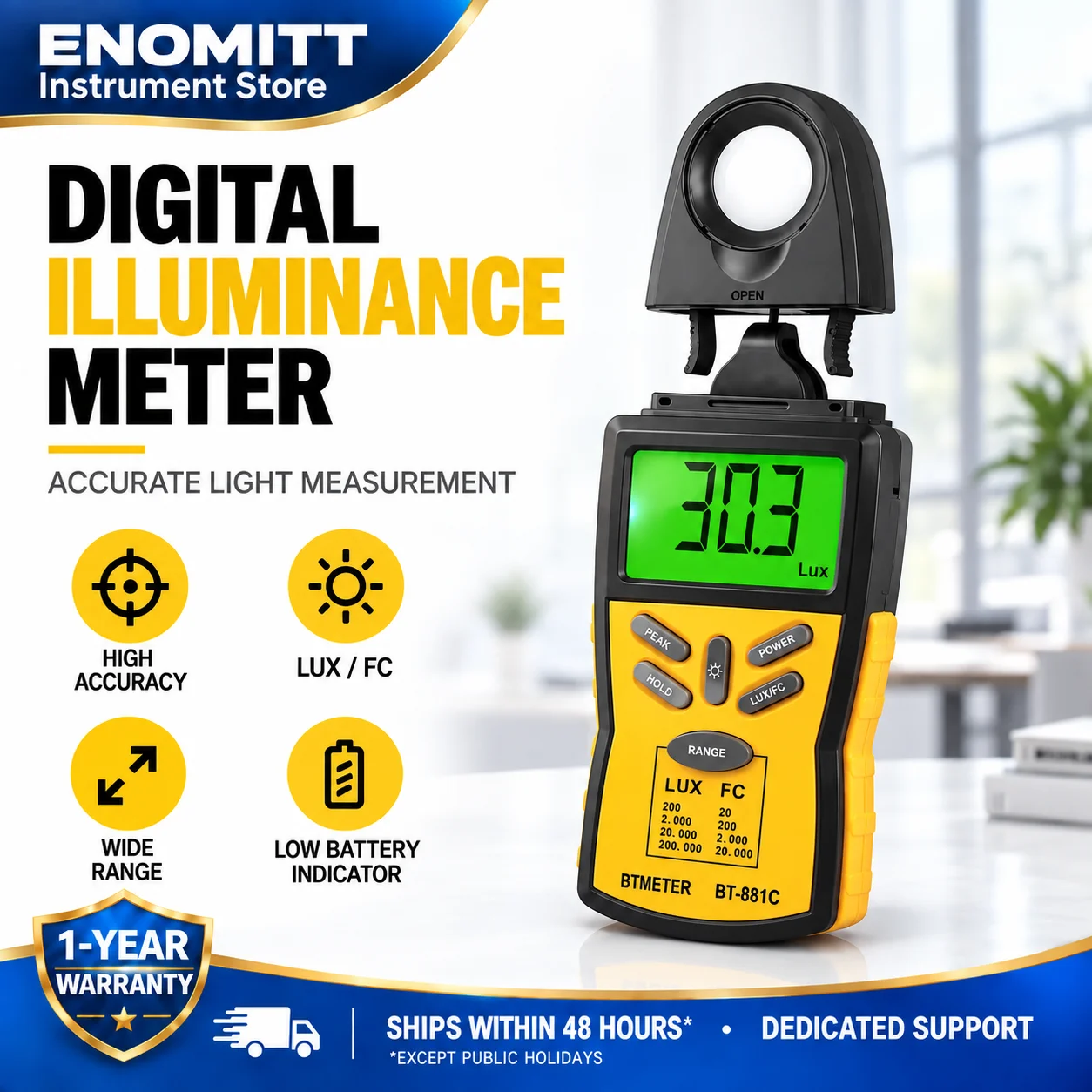 Digital Illuminance Light Meter, Lumen FC Photometer Lux Meter Tester 0.1-200,000 Lux 0.01-20,000 FC,±3% Accuracy for Photograph