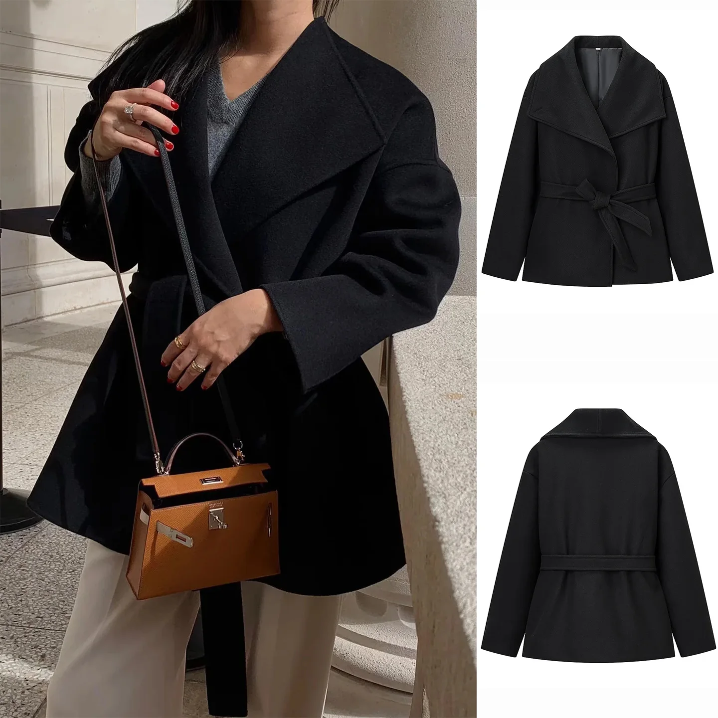 

Winter New Women's Hepburn Sle Long Sve Turn-down Collar Knot Waist-cinching Slimming Woolen Coat Jaet