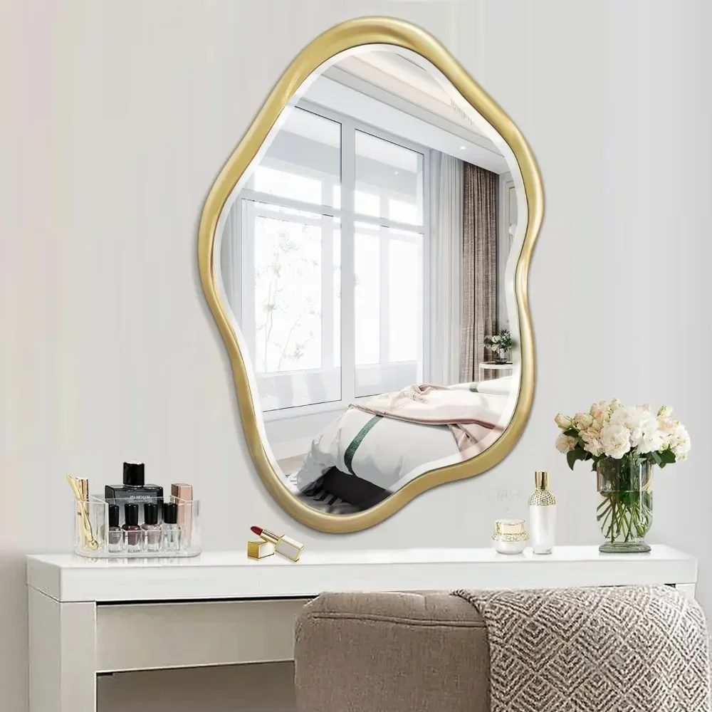 Irregular Wall Mirror, 24"X36" Gold Asymmetrical Bathroom Vanity Mirror Framed Cloud Decorative Mirror for Washroom, Bedroom