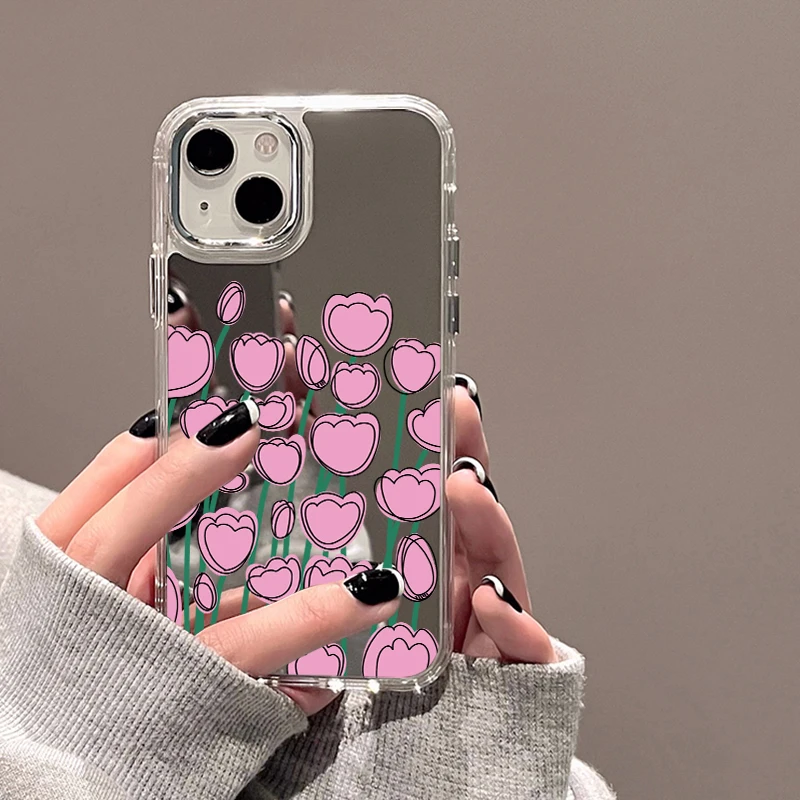 

Flowers Mirror Phone Case For iPhone 16 Pro Max Case For iPhone 15 14 13 12 11 Pro Max XR Xs Max Fashion Back Cover Funda Capa