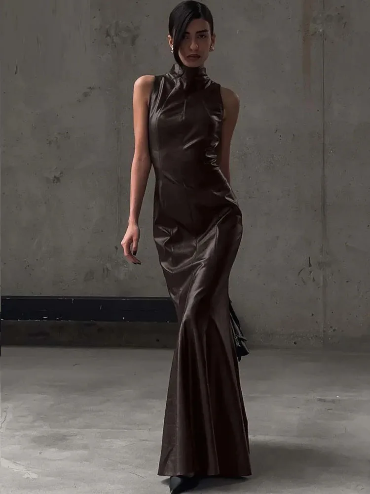 

Модное женское макси-платье BKQU из искусственной кожи, с завышенной талией, без рукавов, облегающее, с пэчворком, однотонное, в уличном стиле, длинное, 2026