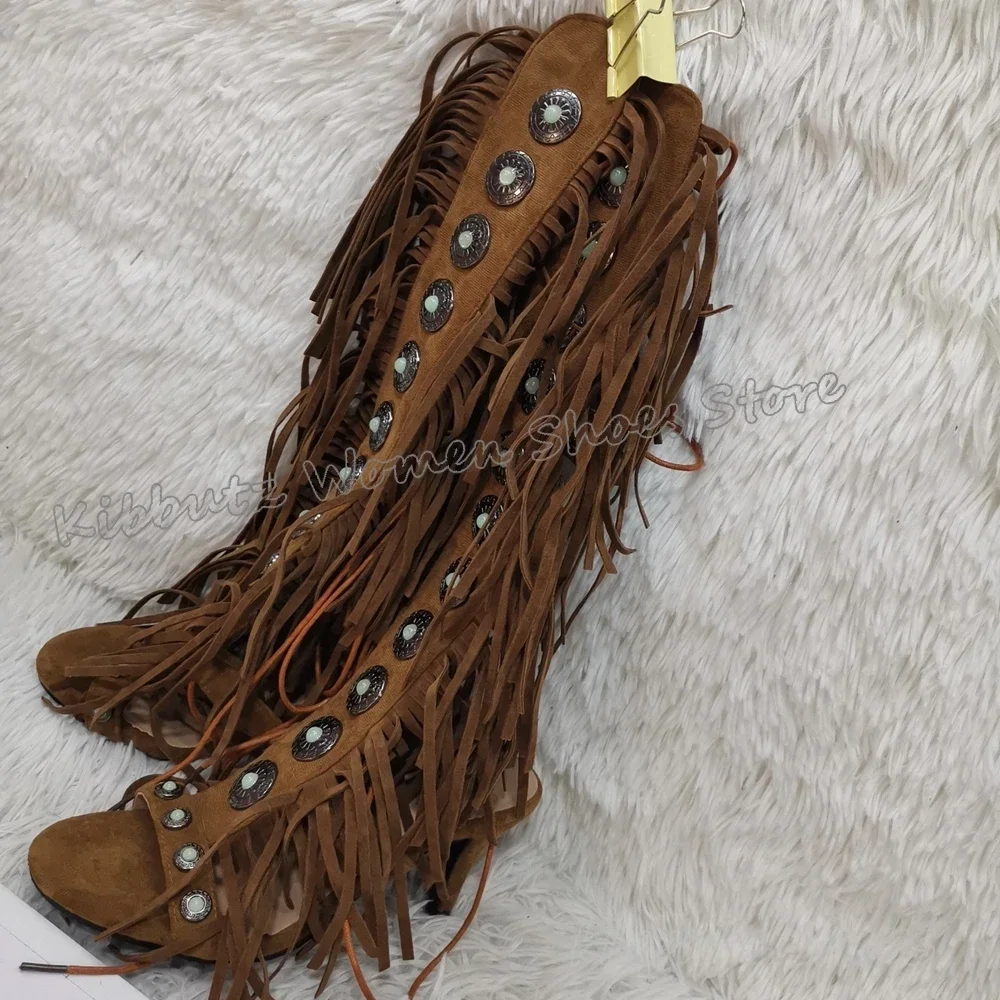 Tassels Suede Crystal Sandals Knee High Boots Glossy Solid Color Cross Strap Fashion Luxury Elegant Concise Women Shoes Newest