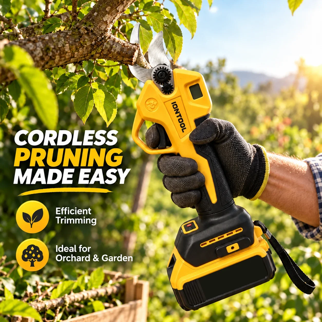 IONTOOL Portable Yellow Cordless Electric Pruning Shears 80.14dB For Vine Cutting and Branch Trimming and Orchard Pruning
