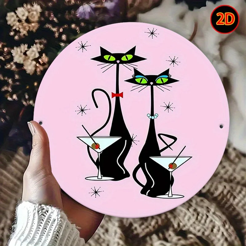 CIFBUY Vintage Atomic Black Cat Round Aluminum Metal Sign Waterproof Wall Art Home Office Bar Hanging Decor