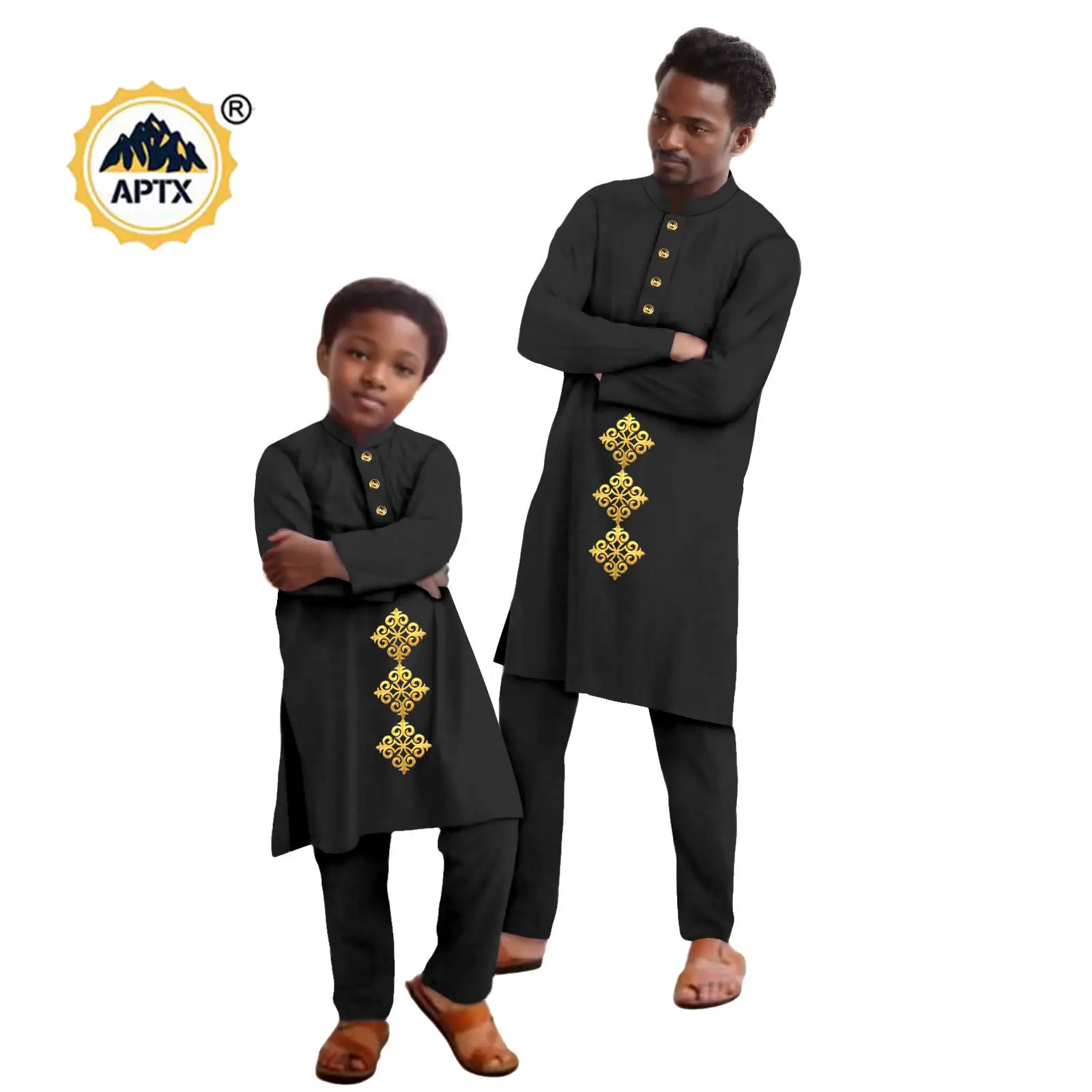 Men Clothes African Family Outfits Father and Son 2 Pieces Appliques Top and Pant Sets Bazin Riche Children Suits 25F004