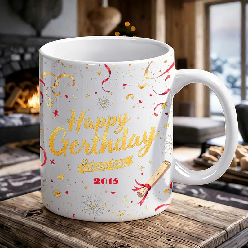 

Fun 'Happy Gerthday' Graduation & Birthday Ceramic Mug, Coffee Mug, Milk Cup, Office Tea Cup, Drinking Cup, Gift for Friends