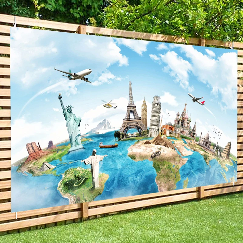 Travel Adventure Cake Smash Backdrop Global Travel World Map Photography Background World Landmark on Earth Photo Banner Decor