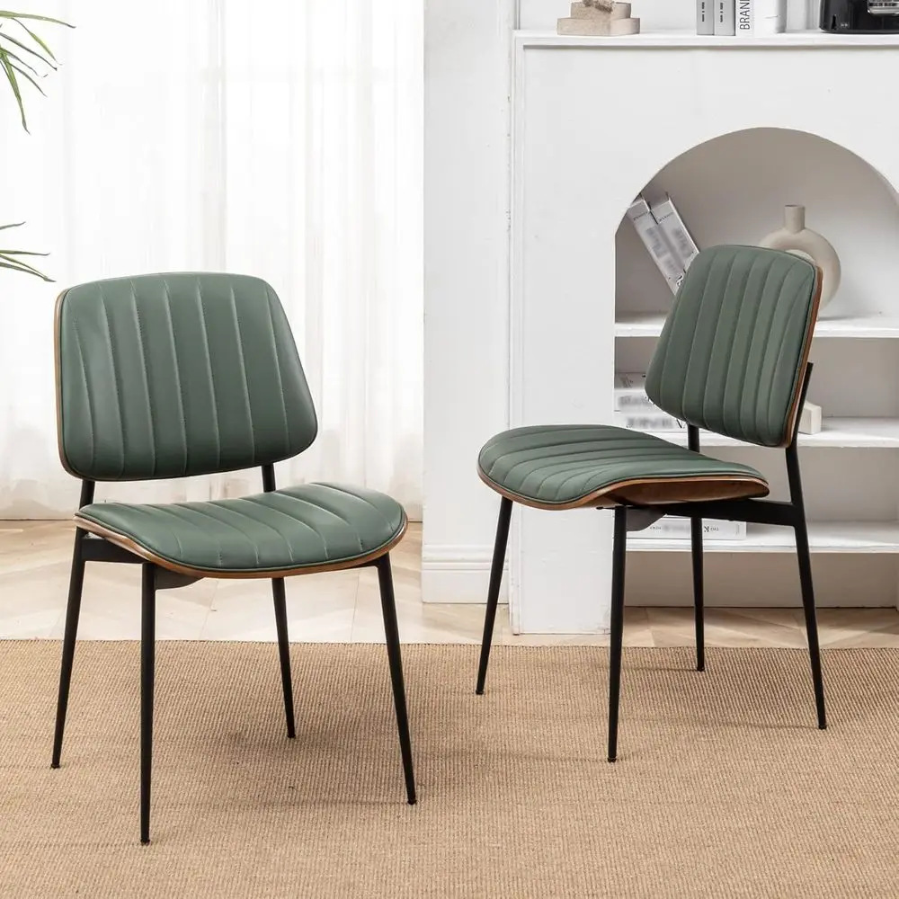 

Mid-Century Modern Retro Leather Chairs with Walnut Upholstered Seat and Metal Legs, Adjustable for Dining or Kitchen Use (Green