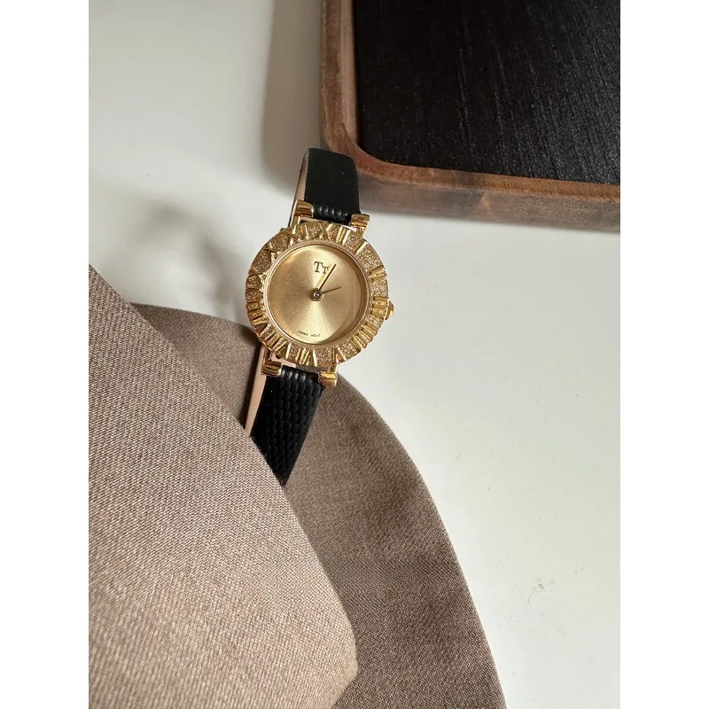 Vintage Copper Gold Dial Lady Bracelet Christmas Genuine Leather Luxury Women Watch Quartz