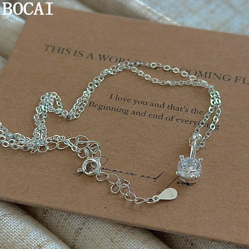 

BOCAI NEW S925 Sterling Silver Simple And Fashionable Square Zirconia Necklace Pendant