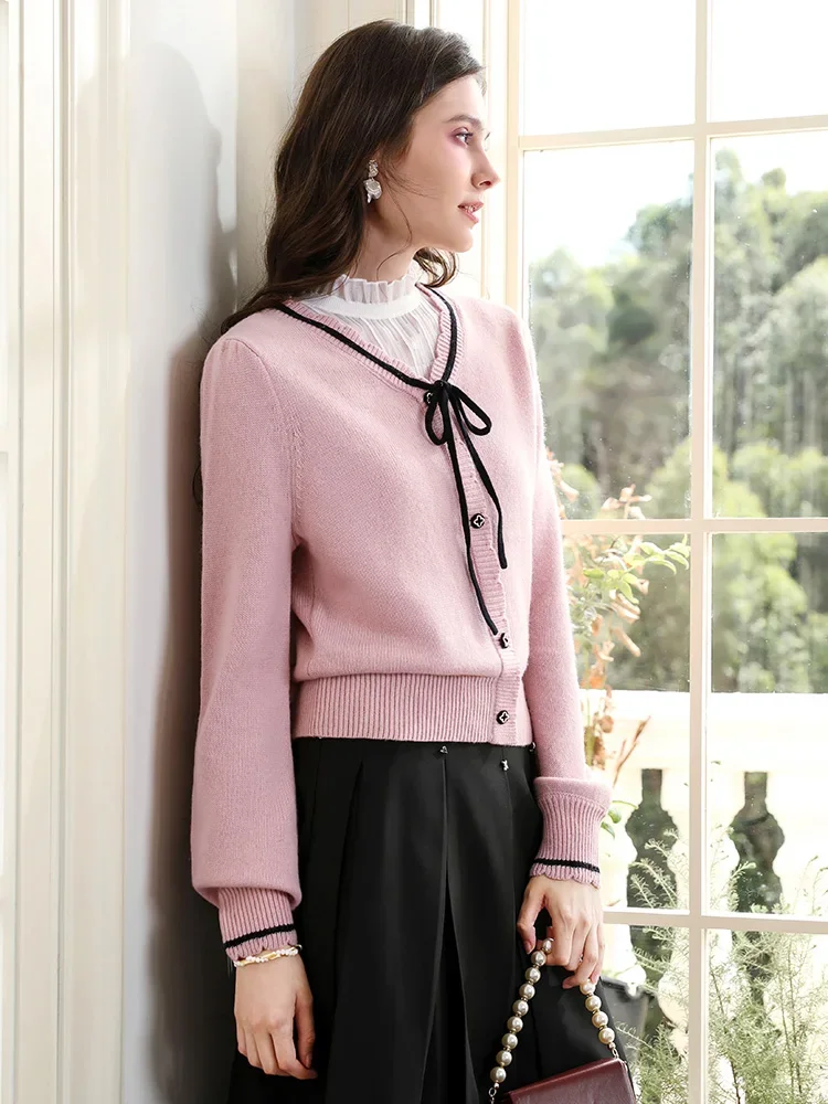 I BELIEVE YOU Pink Wave Edge V-neck Woolen Knitted Sweater for Women 2024 Autumn Elegant Woolen Warm Long Sleeve Tops 2244145775