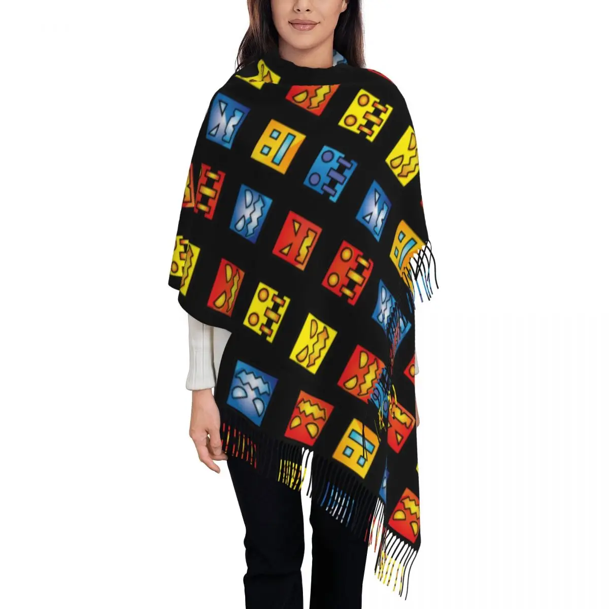 Women's Tassel Scarf Icon Face Video Game App Fun Large Winter Fall Shawl Wrap Geometry Dash Daily Wear Pashmina Scarves