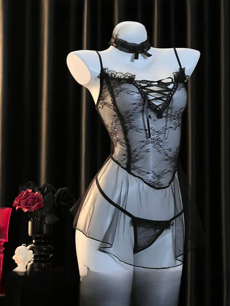 

Mesh See-Through Strappy Nightgown,French Wife Style Sexy Sleepwear for Women,Halter Deep V Lingerie Dress