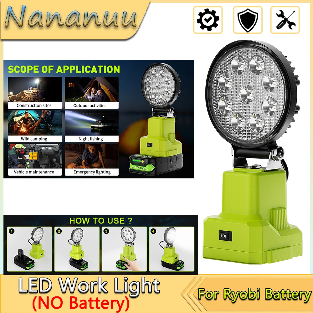 

Nananuu 27W LED Work Light Flashlight Searchlight Torch Spotlight Camping Lamp For Ryobi P107 P108 18V Lithium Battery