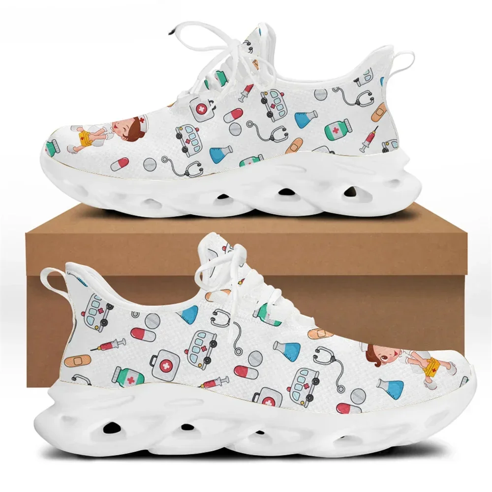 Weiße Cartoon-Krankenschwester-Schuhe für Damen, flache Turnschuhe, Premium-Sketch-Physio-Print, lässige Damen-Schnürschuhe, Zapatos