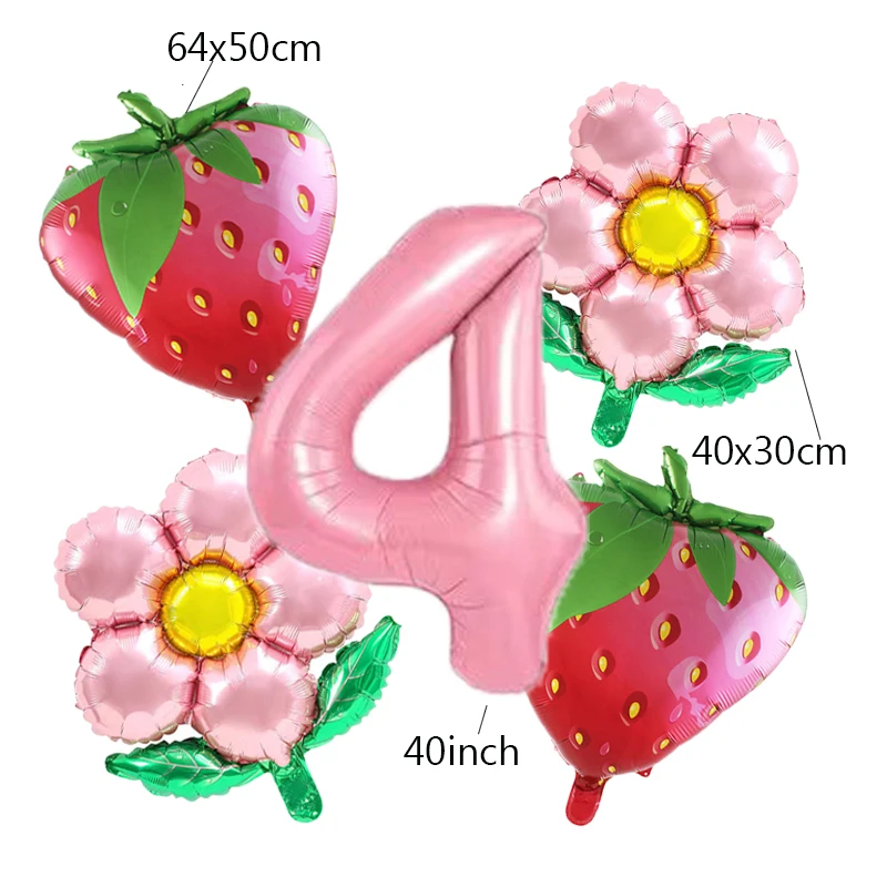 5Pcs Fruit Strawberry Flower Foil Balloons with 40inch Pink Number Balloon Berry First Birthday Girl Sweet Summer Party Supplies