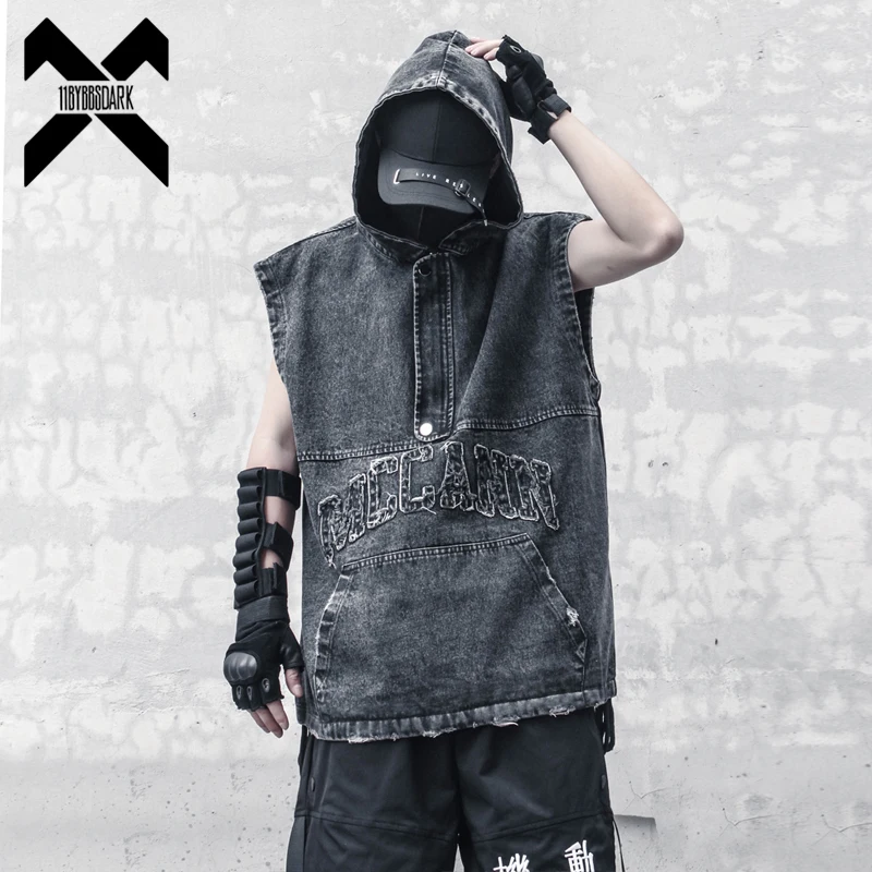 Vintage Hip Hop Sleeveless T-Shirt Vest Men 2023 Summer Techwear Tactical Hood Tank Loose Denim Coat Tops Tees Cotton