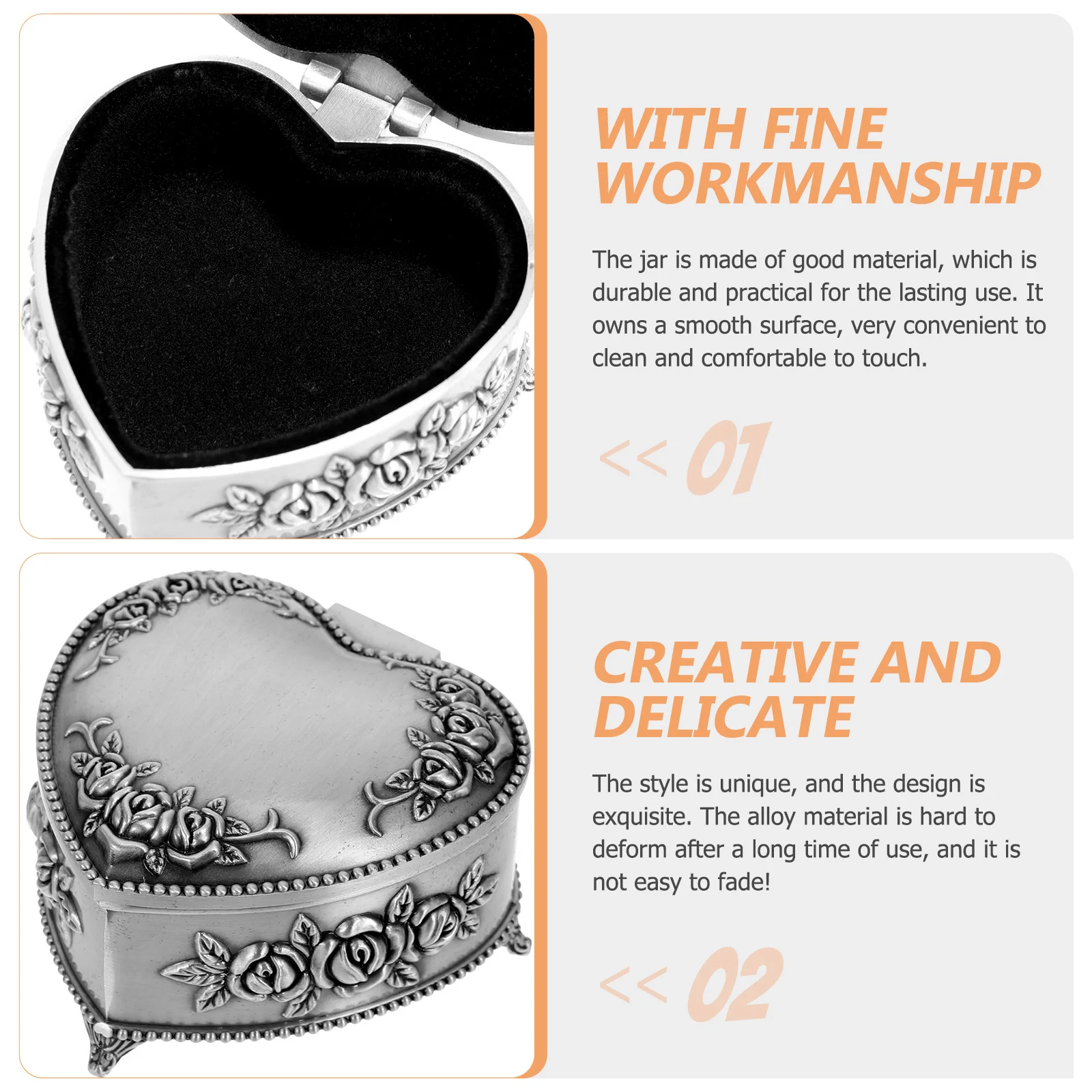 Unique Heart Shaped Jewelry Box Alloy Storage Holder Exquisite Craftsmanship Long Lasting Use Female Gift Jewelry Embossment Jar