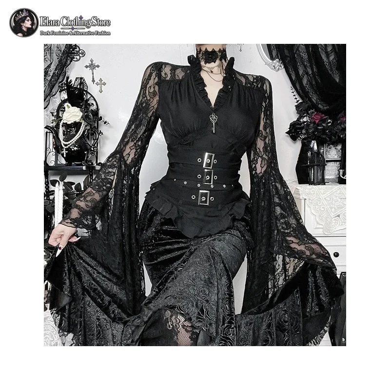 Women Gothic Floral Lace Blouse Black V Neck Sheer Flared Sleeve Top Slim Fit Ruffled Hem Shirt Elegant Romantic Vintage Fashion