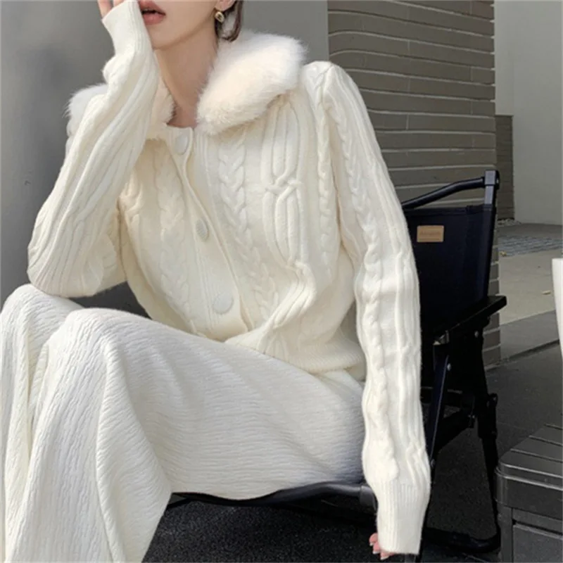 

Winter Vintage Knitted Sweater Women Korean Fashion Fur Slim Cardigan Female Long Sleeve Casual Warm Y2K Short Coat 2025