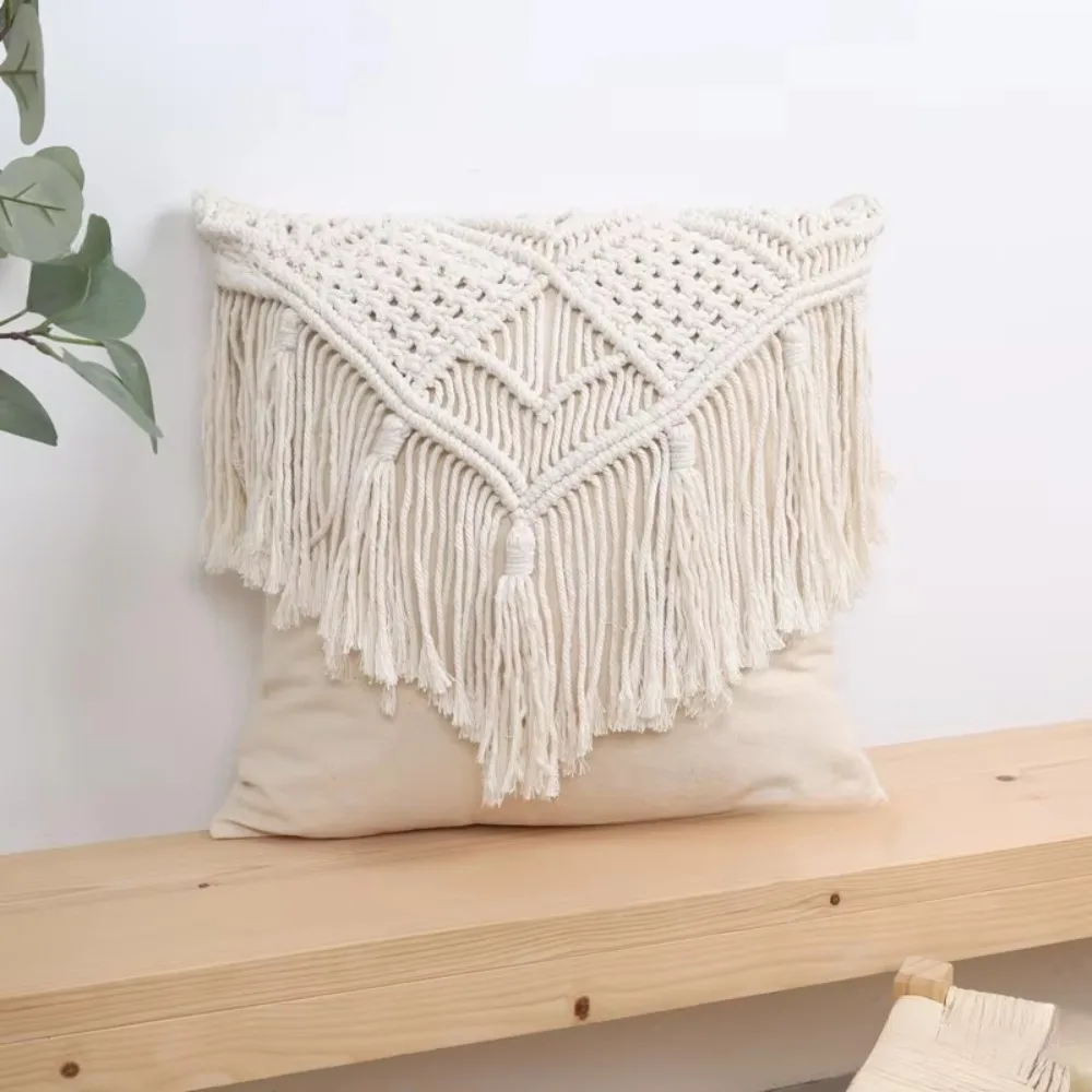 

Ethnic Hand-woven Bohemian Macrame Pillow Cover with Tassel Square Knitted Pillow Case Pastoral Washable Pillowslip Cafe
