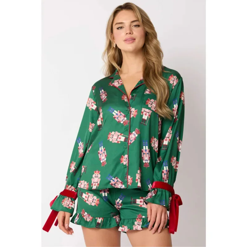 Kerst Pyjama Top Broek Set Vrouwen Europese Amerika Imitatie Zijden Pyjama Print Leuke Pasen Lange Mouwen Shorts Thuis Set Nieuw