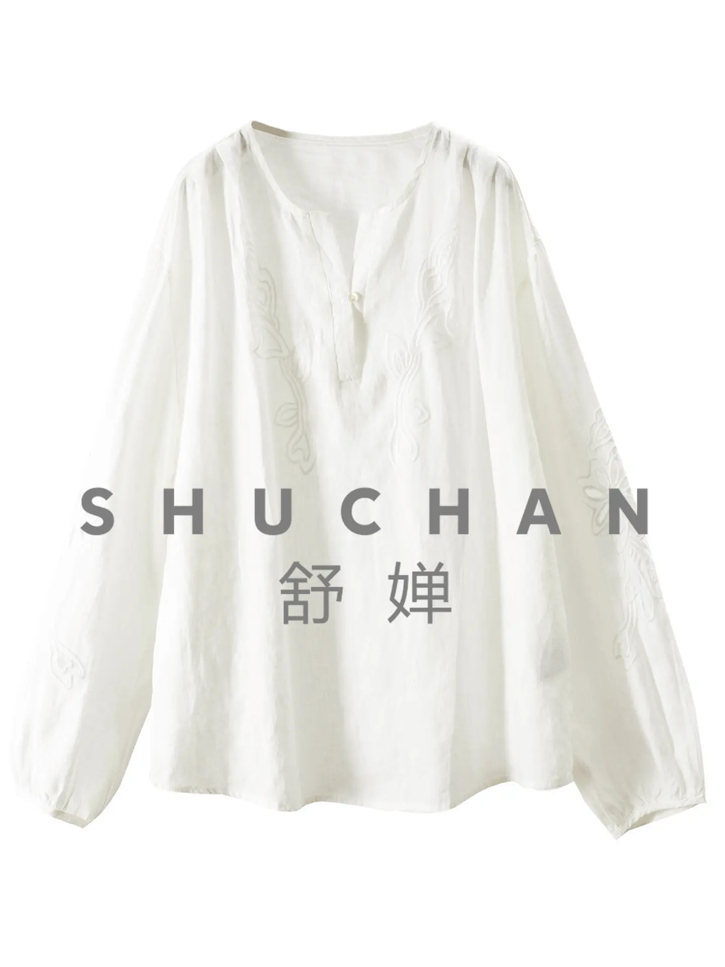 

Blouse 100 Ramie Hollow Embroidered Round V-neck Lantern Sleeve Shirt Women 40J2 Blusas Femininas Elegantes
