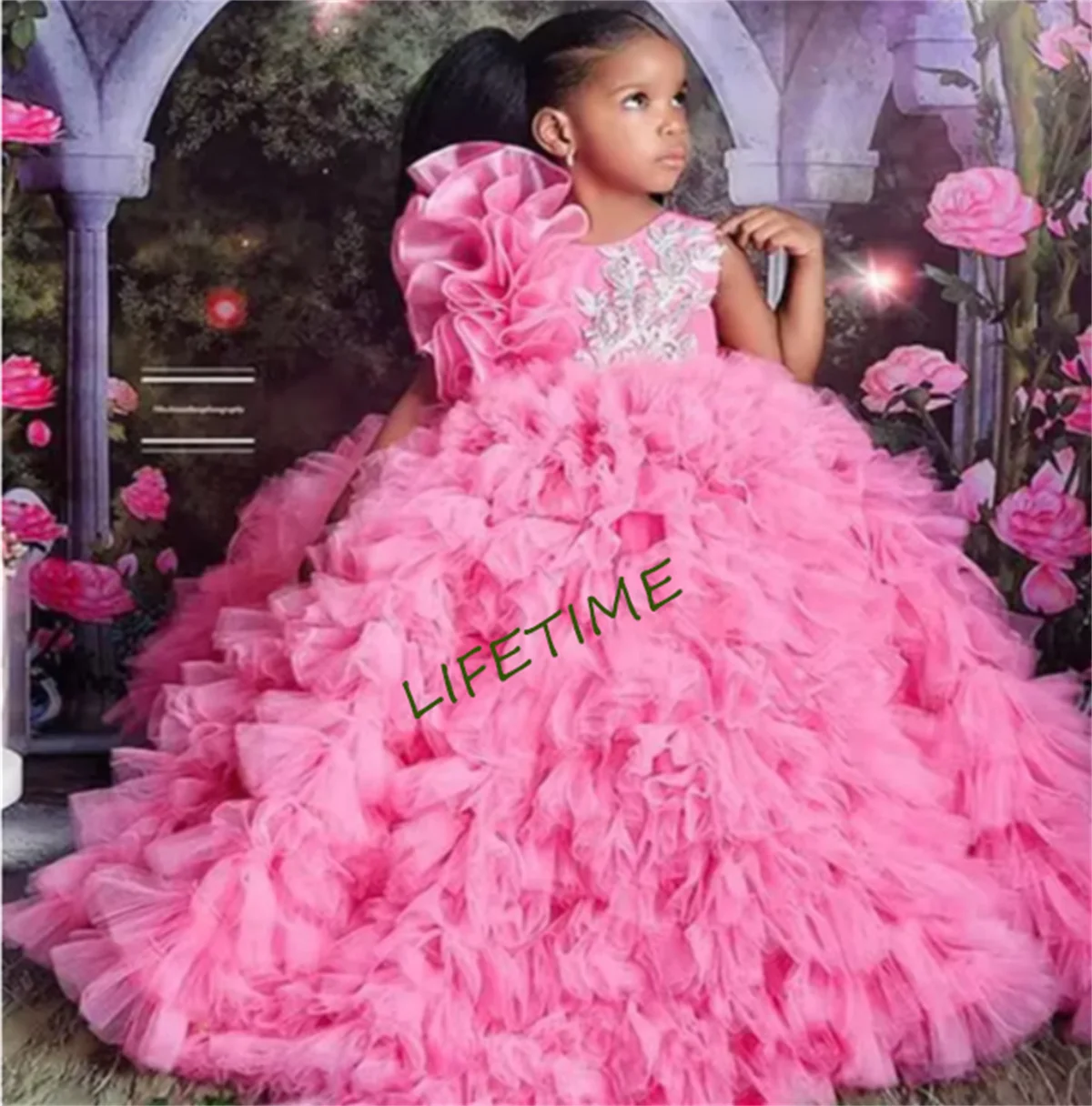 Pink Purple Flower Girl Dress For Wedding Sleeveless O Neck Layered Floor Length Cute Princess Birthday Party Ball Gowns