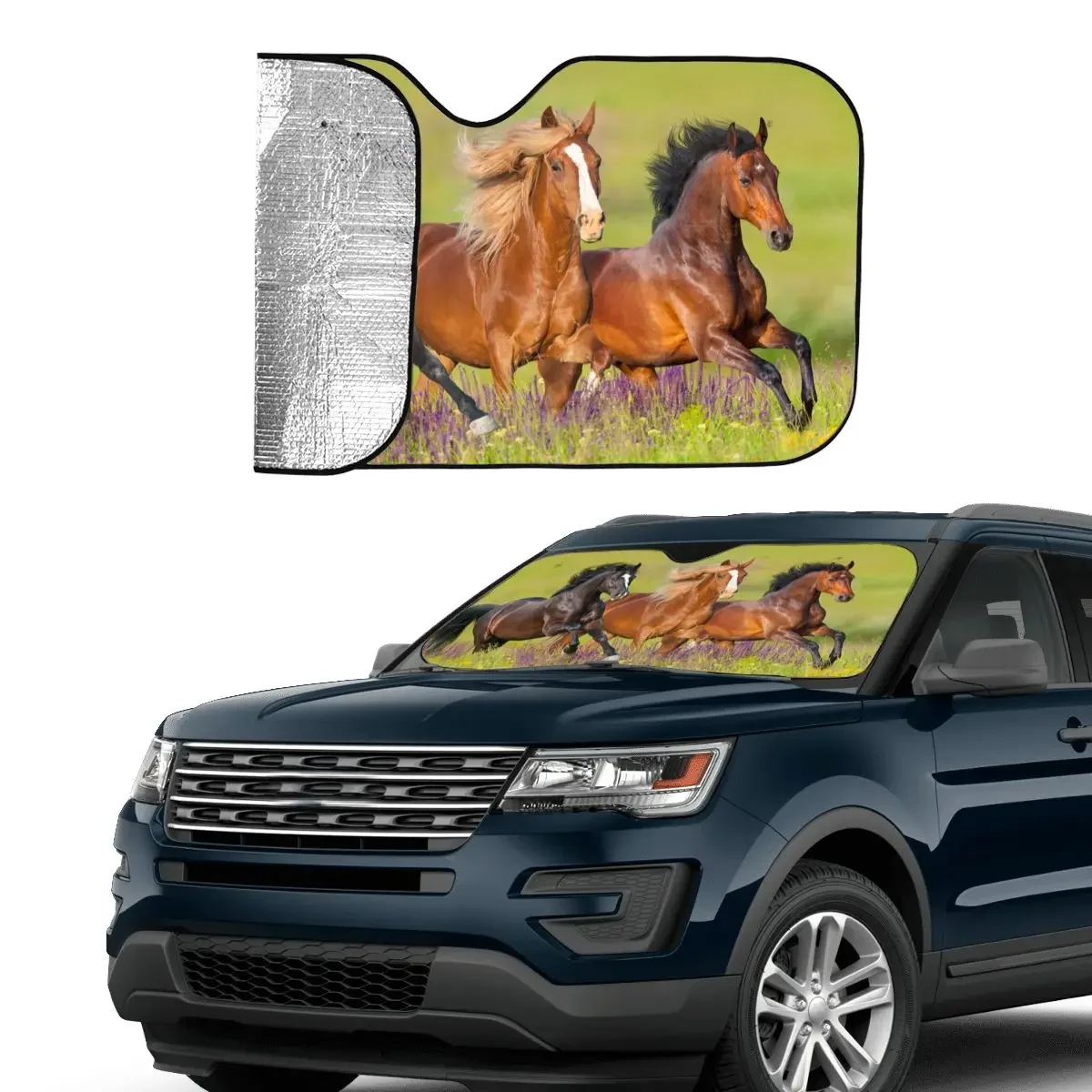 Horse Running Meadow Sunshade Windscreen Galloping Animal Lovers Car Front Window Visor Car Sunshade Ice Shield Dust Protection