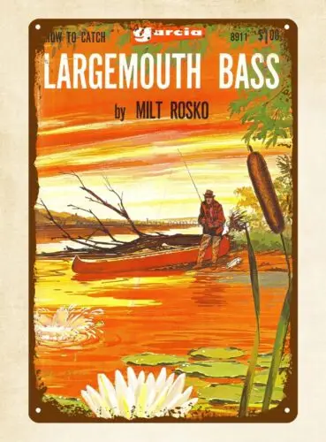 1p,Garcia book cover Catch Largemouth Bass by Milt Rosko 1968 metal tin sign